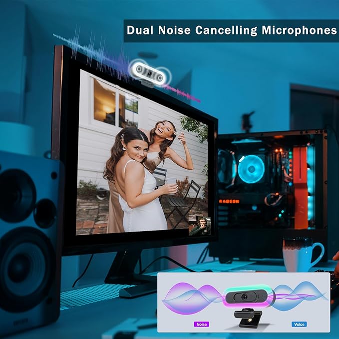 2K Webcam for PC, Plug and Play USB C Webcam with Dual Microphones,Ring Light,Fill RGB Light & Cover, Autofocus Web-Cam for Laptop,65°FOV, Streaming PC Web Camera for Desktop Computer Mac Zoom