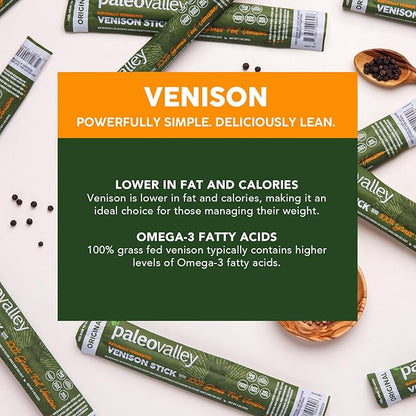Paleovalley 100% Grass Fed Venison Sticks – 10 Pack – Keto-Friendly, High Protein, Low-Calorie Snack – Omega-3 Rich, Gluten-Free, Nitrate-Free, Naturally Flavored – Healthy On-the-Go Meat Snack