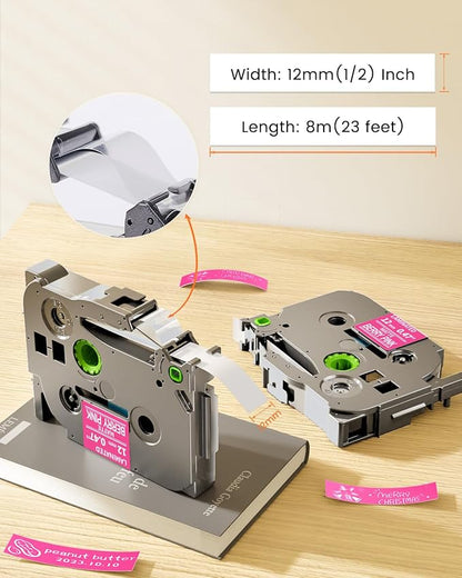 Pink Label Maker Tape Replacement for Brother P-Touch Label Tape White on Berry Pink Tze-MQP35 Tz 12mm 0.47 Laminated Matte for Ptouch PT-D210 D220 H100 H103w H110 D400 D600, 12mmx 8m 26.2ft, 3 Pack