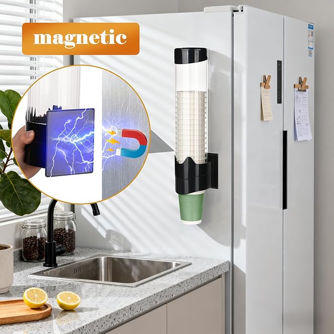 Upgraded Cup Dispenser, Wall Mount Pull Type Water Cooler Cup Holder for 9oz - 12oz Disposable Paper Plastic Cups for Home Office, with Magnetic Mounting Plate (Black)