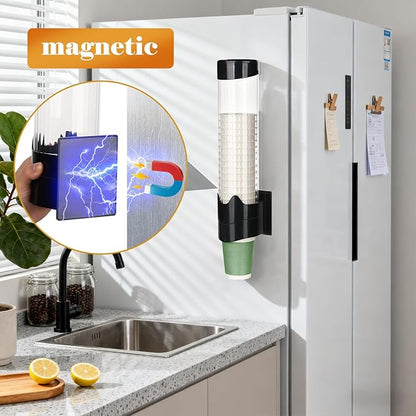 Upgraded Cup Dispenser, Wall Mount Pull Type Water Cooler Cup Holder for 9oz - 12oz Disposable Paper Plastic Cups for Home Office, with Magnetic Mounting Plate (Black)