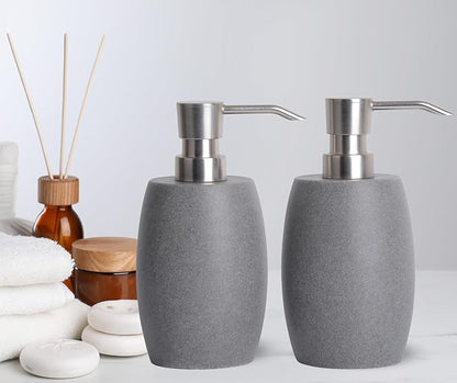 Sandstone Textured Resin Soap Dispenser with Metallic Pump and Waterproof Bottle Labels for Bathroom Kitchen Dish Hand Wash Shower Lotion Shampoo, 12 Oz, 2 Sets Gray