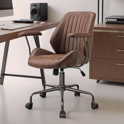 Mid Century Modren Office Chair - Mid Back Swivel Executive Chair with Lumbar Support,Ergonomic Computer Desk Chair with Wheels,Faux Lether Suede Task Chair,350lbs (Dark Brown, Mid Back)