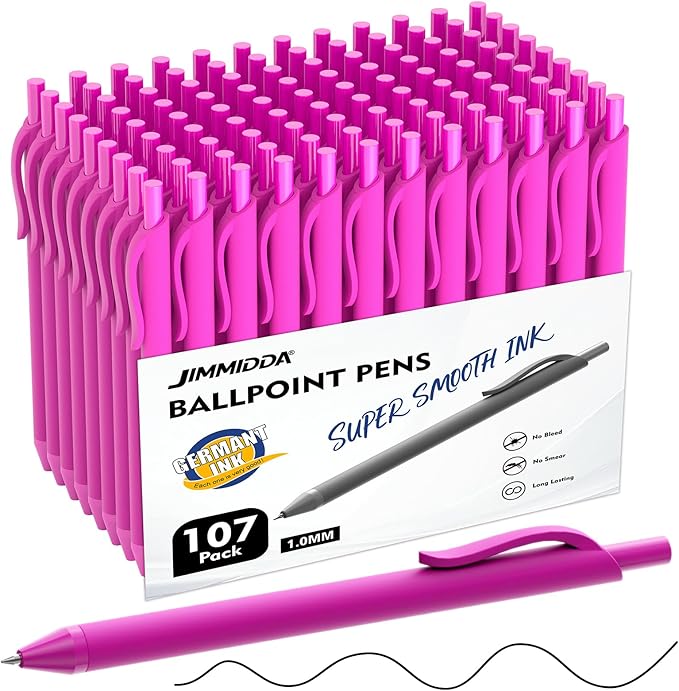 Ballpoint Pens Bulk - 107 Pcs Black Ink Pens in Bulk | 1.0 Medium Point Smooth Writing, Retractable No Bleed Ball Point Pen for Men Women (Pink Barrel)