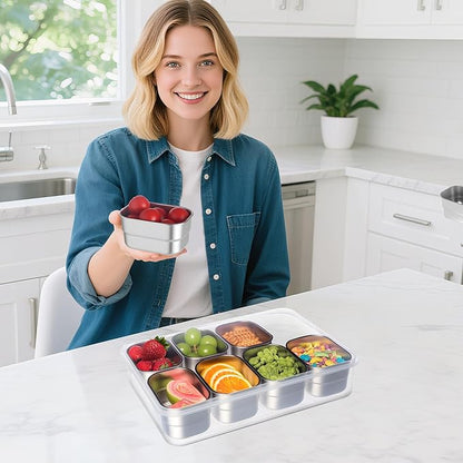 Stainless Steel Snackle Box Container with Lids and Handle, Dishwasher Safe - 8 Divider Portable Reusable Snacklebox,for Travel Beach for Charcuterie Veggie Fruit Candy