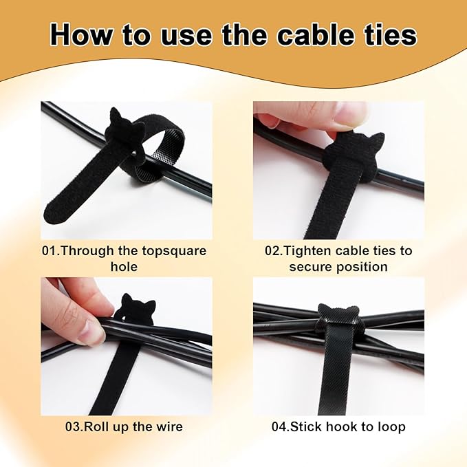 Reusable Cable Ties 8 In 100 Pack Heavy Duty Black Cord Organization Straps Adjustable & Releasable Hook and Loop for Indoor/Outdoor Wire Management