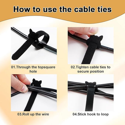 Reusable Cable Ties 8 In 100 Pack Heavy Duty Black Cord Organization Straps Adjustable & Releasable Hook and Loop for Indoor/Outdoor Wire Management