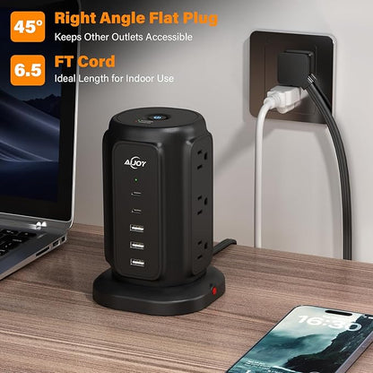 AiJoy Tower Surge Protector Power Strip, 14-Device Charging Station with 9 AC Outlets & 5 USB (2 USB-C), 1200J Surge Protection, 6.5FT Flat Plug Extension Cord, Wide-Spaced Outlets, Individual Switch