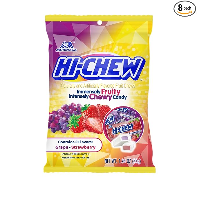 HI-CHEW Grape & Strawberry Mix, Pack of 8 Bags, 1.94oz each - Grape & Strawberry - Chewy Fun Soft Candy Variety Pack - Immensely Juicy Fruity Flavors - Individually Wrapped for Sharing