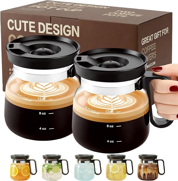 Coffee Pot Mug with Lid,16 Oz Glass Mini Coffee Cup | Spill Proof Heatproof Large Capacity Clear Travel Mug & Novelty Gift for Coffee Lovers & Office Desk (Coffee Pot-2 PCS)