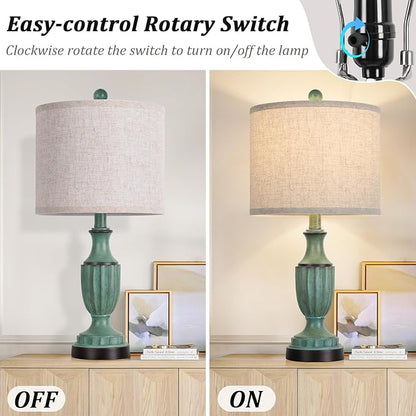 TOBUSA Farmhouse Living Room Table Lamps Set of 2, Green Rustic Vintage Table Lamps for Bedroom Nightstand, Antique Bedside Desk Lamps with Linen Shade, 22’’ Traditional Resin Lamp Sets for End Table