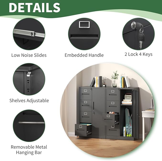 4-Drawer Vertical File Cabinet with Lock & 1 Door,File Cabinet with Storage Shelves for A4/Legal/Letter, Black, Assembly Required