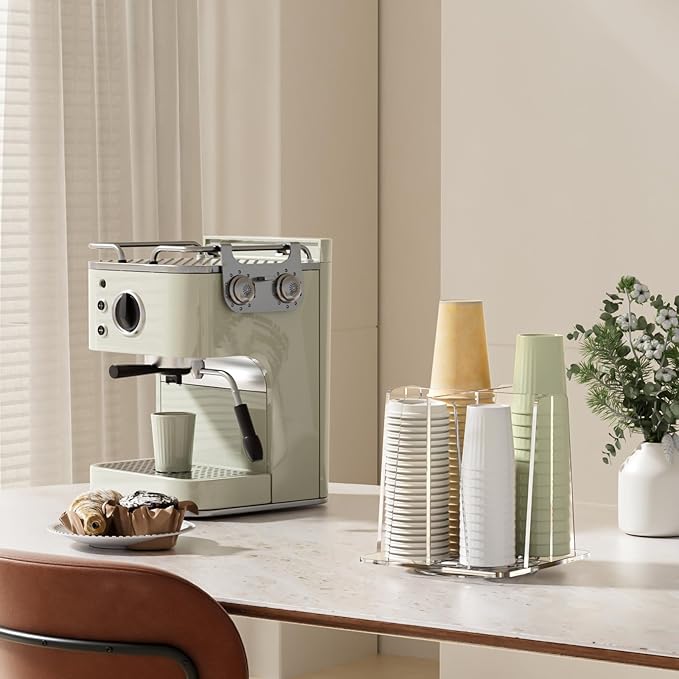 Coffee Cup Organizer for Countertop - Rotating Plastic Cup Holder 4 Compartments Clear Acrylic Cup and Lid Holder for Coffee Bar Restaurant Breakroom Disposable Paper Coffee Cup Dispenser