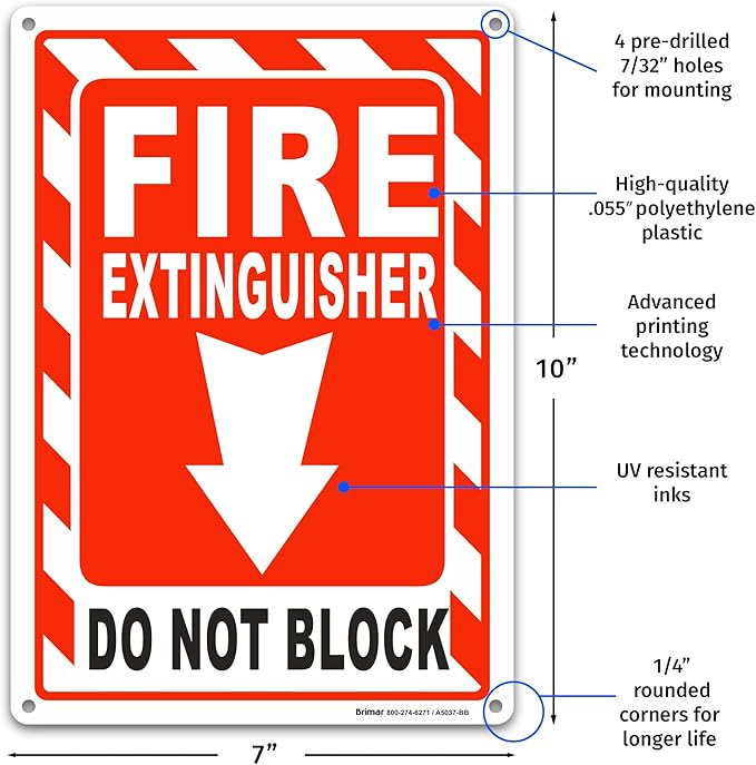 Brimar - 7 x 10" - Fire Extinguisher Do Not Block Sign - Polyethylene Plastic - Easy Installation - Fire Safety Compliance