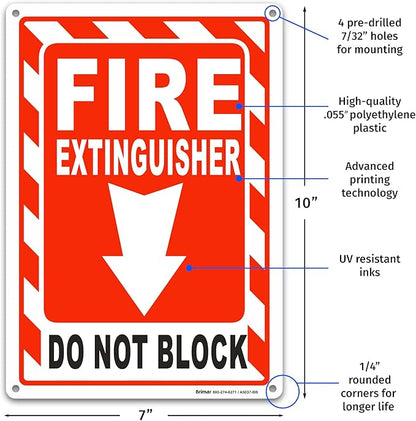 Brimar - 7 x 10" - Fire Extinguisher Do Not Block Sign - Polyethylene Plastic - Easy Installation - Fire Safety Compliance