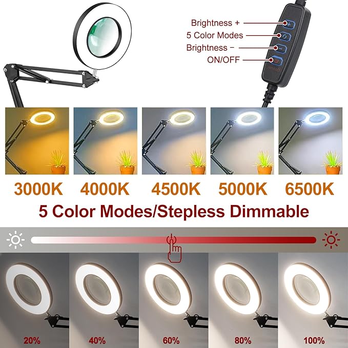 12X Magnifying Glass with Light and Clamp, Real Glass Stand Lighted Magnifier, 5 Color Modes Stepless Dimmable LED Desk Lamp Hands Free for Crafts Hobby Reading Painting Sewing Close Work