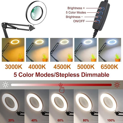12X Magnifying Glass with Light and Clamp, Real Glass Stand Lighted Magnifier, 5 Color Modes Stepless Dimmable LED Desk Lamp Hands Free for Crafts Hobby Reading Painting Sewing Close Work