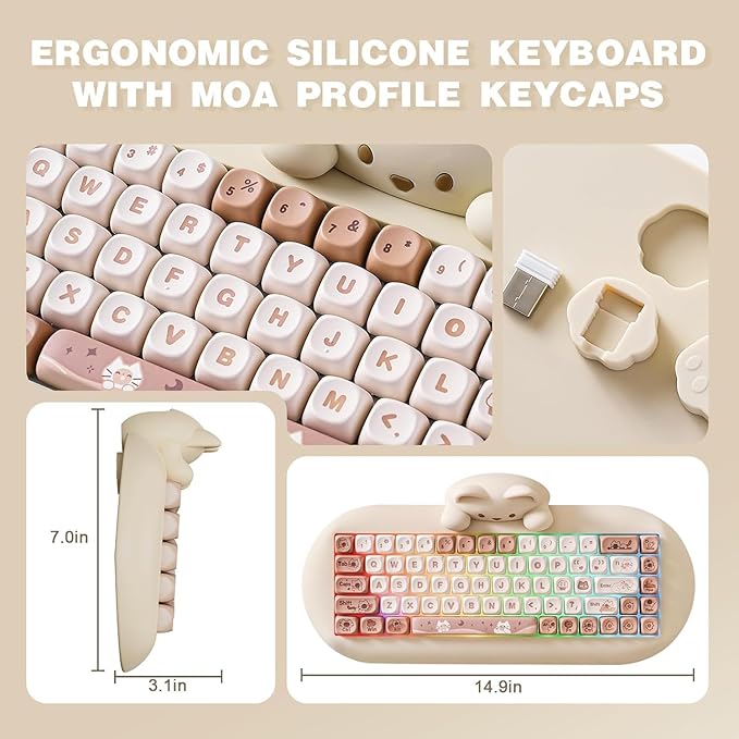 YUNZII C68 Wireless Mechanical Keyboard,65% Layout,Hot Swap,Triple Mode BT5.0/2.4G/Wired, RGB Backlit NKRO,Cute Cat Silicone Ergonomic Design for Win/Mac (Brown, Milk Switch)