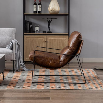 Mid-Century Accent Chair, Comfy PU Leather Side Chair with Armrest, Upholstered Leisure Chair with Black Metal Frame for Living Room Bedroom Reception Room, Brown