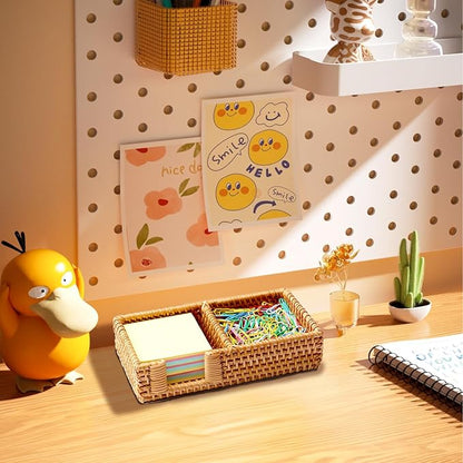 3 x 3 Inch Sticky Note Holder,Rattan Post It Note Dispenser,2 Slot Sticky Note Dispenser,Wicker Post It Holder for Home Office Desk Decor,Honey Brown