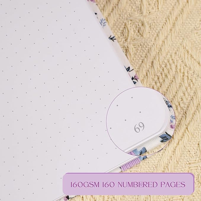 TIEFOSSI Dotted Journal Notebook, Dot Grid Notebook for Women Men, Fabric Flower Journal, 160 GSM Thick Paper, 160 Numbered Pages, 8 x 8 Square Diary