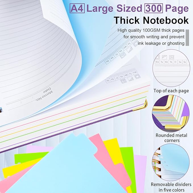 Hardcover Spiral Notebook 8.5"x11" Journal Notebook with Tabs and Removable Dividers 300 Pages 5 Subject Notebook College Ruled, Faux Leather Spiral Bound Notebook for Women School Work (Purple)
