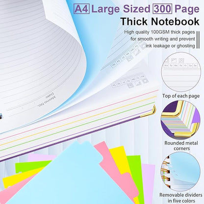 Hardcover Spiral Notebook 8.5"x11" Journal Notebook with Tabs and Removable Dividers 300 Pages 5 Subject Notebook College Ruled, Faux Leather Spiral Bound Notebook for Women School Work (Purple)