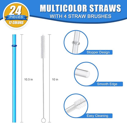 24 PCS, Reusable Straws with 4 Brushes, 10.5" Long Tritan Hard Plastic Straws, 12 Colors Translucent Replacement Drinking for 16OZ-32 OZ Tumblers, Cups, Jars, Stanley, YETI, Starbucks, BPA Free