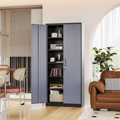 Metal 71' Tall File Cabinet with Lockable Doors and 5 Adjustable Shelves - Black&Gray Steel Storage Cabinet for Home, School, Office, Garage