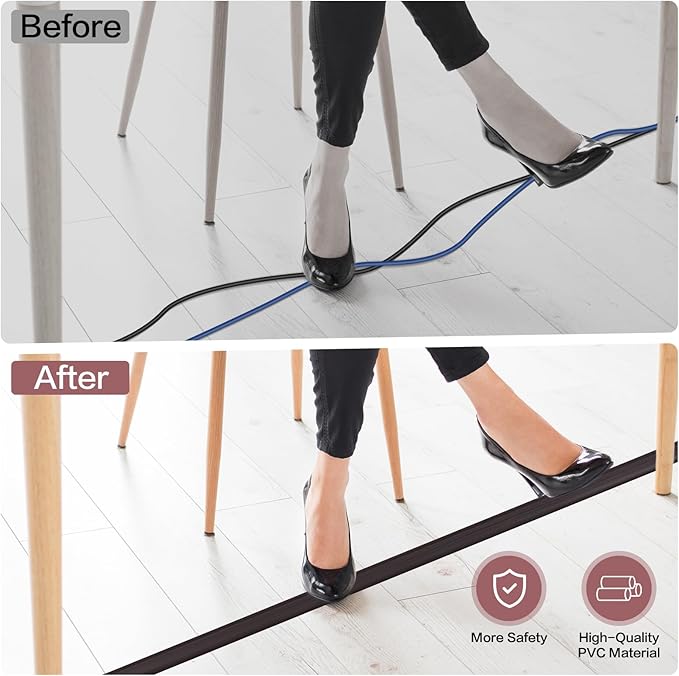Floor Cord Cover Self Adhesive Cord Hider Floor Extension Cord Covers for Floor Power Cord Protector Cable Management Prevent Cable Trips Cable Cavity 0.32" W x 0.32" H (Dark Walnut, 3.3Ft)