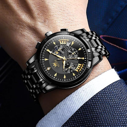 OLEVS Men's Luxury Watch Waterproof Luminous Easy Read Chronograph Watches Full Gold/White Dail/Black Face with Calendar Wristwatch