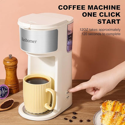 K Cup Coffee Maker, Single Serve coffee machine or Ground Coffee Machine 2 in 1, 6 to 14 Oz Brew Sizes, Mini One Cup Coffee Maker with Self cleaning Function, Fits Travel Mug (White)