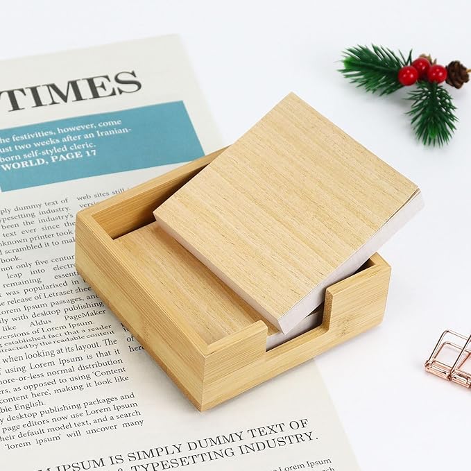 Wood Bamboo Sticky Note Holder - Cube Sticky Notes Dispenser Organizer for School Office Home Desk
