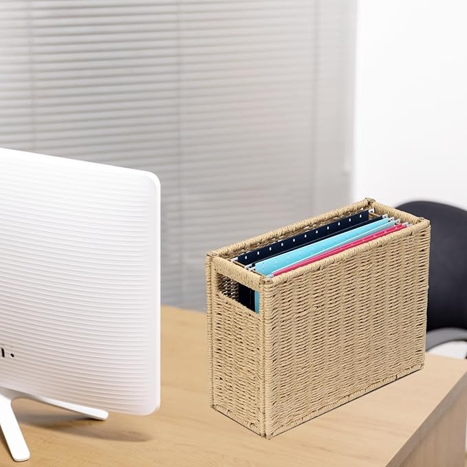 14.6 x 5.9 x 10.8 Inch Large Decorative File Box, Decorative File Baskets for Seagrass Hanging Organizers Portable Letter Size Document, Folder Filing Cabinet with Lid for Home Office Decor