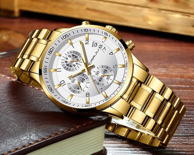 CRRJU Men's Fashion Stainless Steel Watches Date Waterproof Chronograph Wristwatches,Black Steel Band Waterproof Quartz Watch for Men
