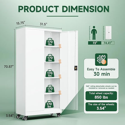 Letaya Metal Garage Storage Cabinets with Lock Door and Adjustable Shelves, Steel Tool Cabinets for Home,Office,Warehouse Organisieren (White, 75" H)