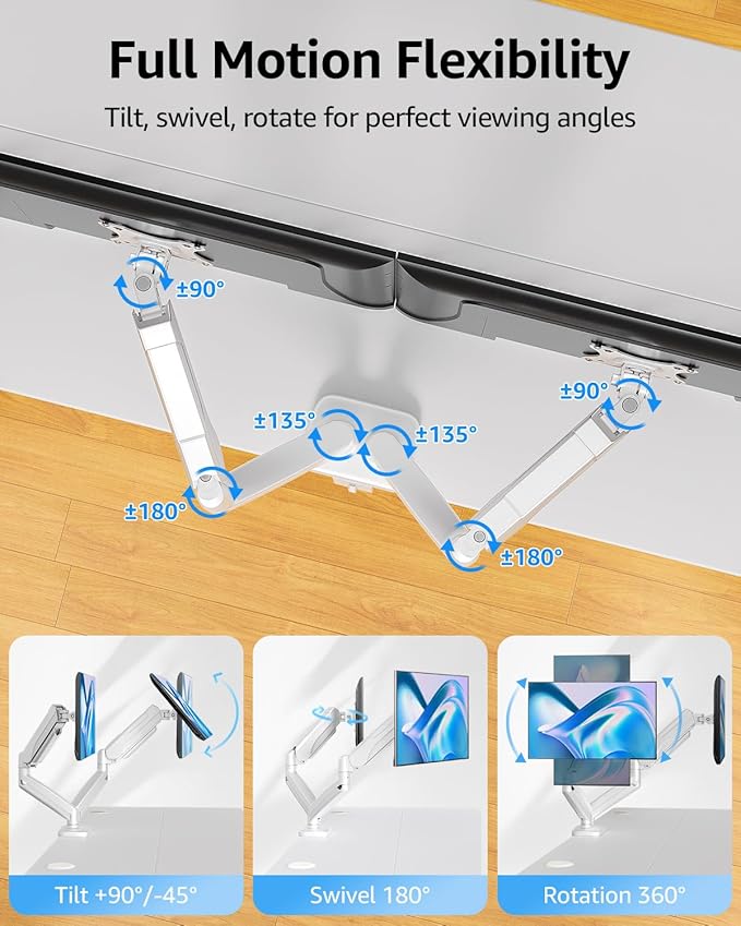 MOUNTUP Dual Monitor Stand for Desk, Gas Spring Monitor Arms for 2 Monitors Max 32 Inches, Height Adjustable Double Monitor Mount, VESA Mount with C-Clamp & Grommet Base, Holds 4.4-17.6lbs, White