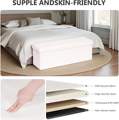 43 Inches Storage Ottoman Bench - Square Ottoman with Sherpa Top,Storage Bench for Bedroom,43" L x 15" W x 15" H - White