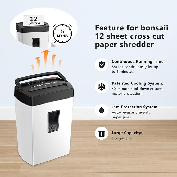 Bonsaii Heavy-Duty Shredder, Up to 12 Sheets, P-4 high Security, Credit Cards, Mail, & Staples, 5.5-Gallon bin with a Transparent Window, Suitable for Heavy-Duty use in Home Offices, White & Black