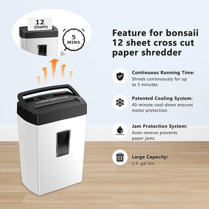 Bonsaii Heavy-Duty Shredder, Up to 12 Sheets, P-4 high Security, Credit Cards, Mail, & Staples, 5.5-Gallon bin with a Transparent Window, Suitable for Heavy-Duty use in Home Offices, White & Black