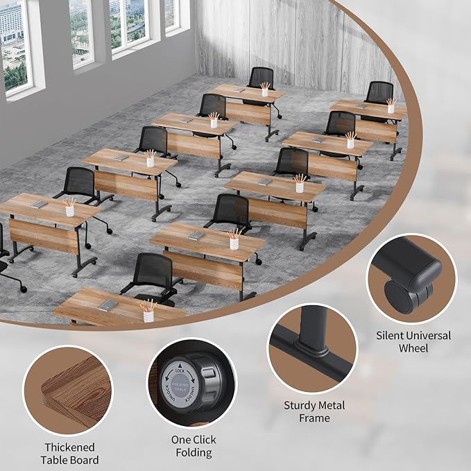Conference Table Folding Conference Room Tables, Modern Mobile Meeting Training Table with Silent Wheels, Foldable Seminar Table for Offices, Classrooms, Libraries (6, Wood, 55.1in)