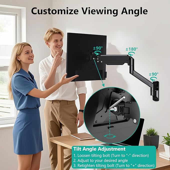 WALI Computer Monitor Wall Mount for 17 to 32 Inch Screens, Single Monitors Mount Holds up to 22lbs, Fully Adjustable Gas Spring Wall Mount Monitor Arm, 75x75/100x100mm VESA Mount (GSWM001), Black