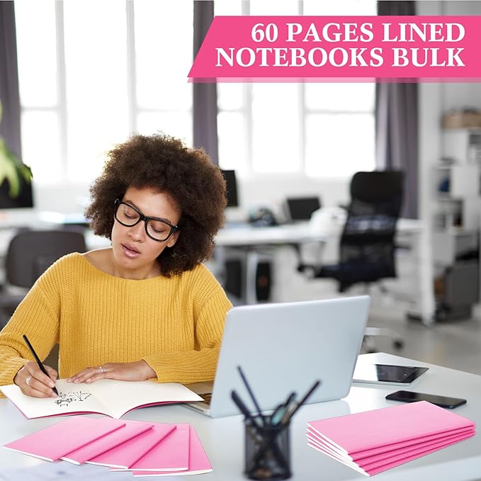 Mimorou 100 Pcs Kraft Notebook Journals 5.5 Inch x 8.3 Inch A5 Softcover Notebooks Bulk for Writing Sketch Office Notepad with 60 Pages 30 Sheets (Multicolor,Lined)(Pink,Lined)