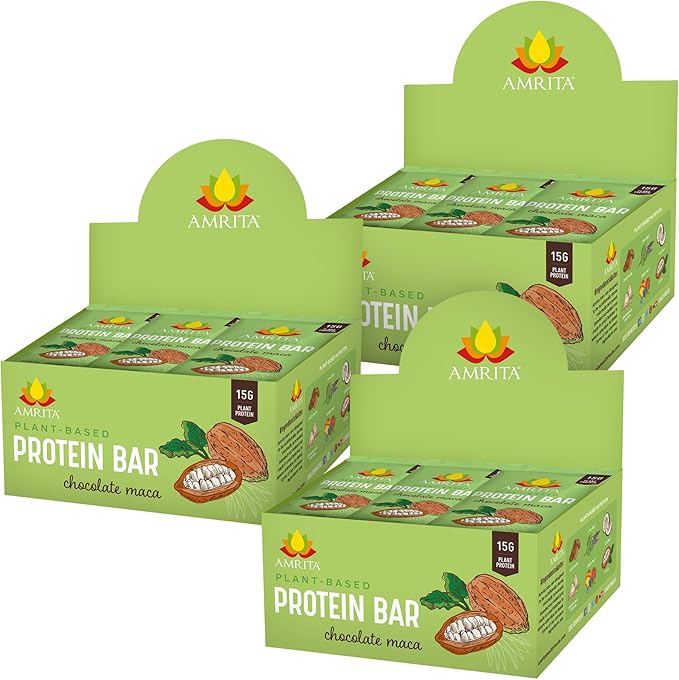 Amrita Nut Free Chocolate Maca Vegan Protein Bars (12 Count PK of 3) | 12g Plant-Based Protein Bar | Peanut Free, Gluten Free, and Dairy Free | Low Sugar, High Fiber, Healthy School-Safe Snacks