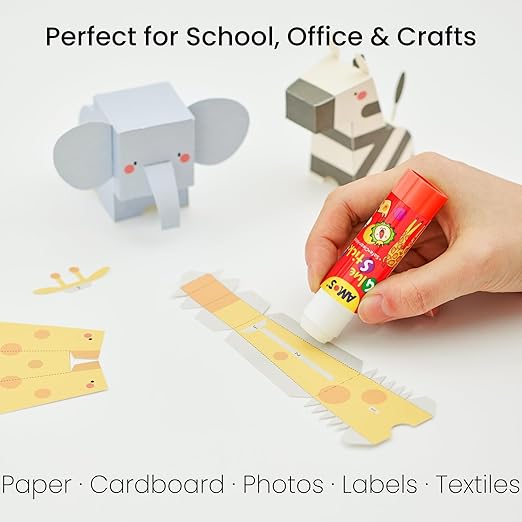 AMOS Glue Sticks — 8 g (0.28 oz), 30 Sticks in Display Box, Kid’s Design for School, Office & Crafts — Washable, Non-Toxic, Acid-Free