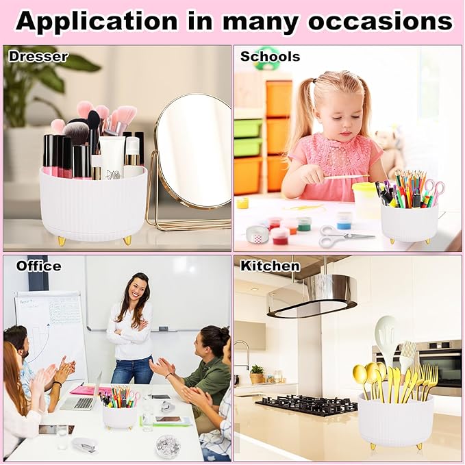 Desk Organizers and Accessories Set with 360-Degree Rotating Pen Holder, Tape Dispenser, Stapler, Staple Remover, 1000 Staples, Tape, Clips Set, Ruler, Scissor, Pen (White, 10 Pcs Set)