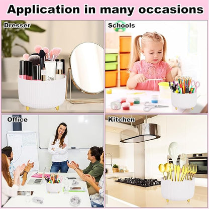 Desk Organizers and Accessories Set with 360-Degree Rotating Pen Holder, Tape Dispenser, Stapler, Staple Remover, 1000 Staples, Tape, Clips Set, Ruler, Scissor, Pen (White, 10 Pcs Set)