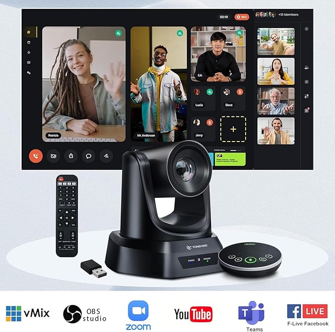 TONGVEO Wireless Conference Room Webcam, Church Live Streaming 20X USB 1080P 60fps PTZ Camera for Worship Services Online Conference, Works with Zoom, Skype OBS Easy to Set Up