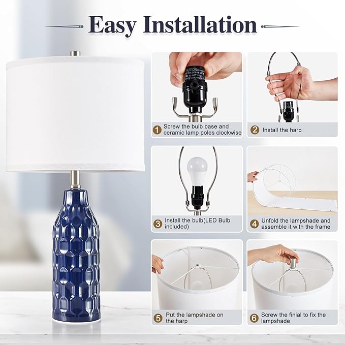 Luvkczc 24.8" Ceramic Table Lamps Set of 2 for Nightstand - 3 Color Temperature&Bulbs Included, Bedside Lamps for Living Room Bedroom Home Office Table Decor, Navy Blue