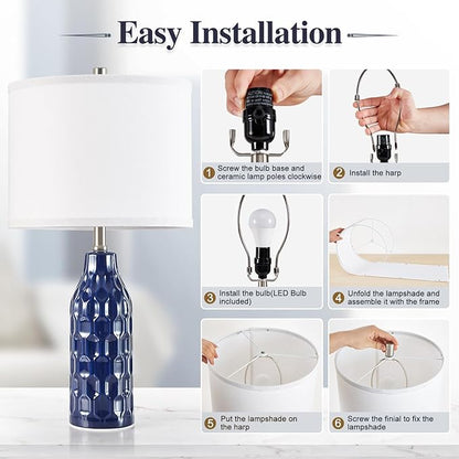 Luvkczc 24.8" Ceramic Table Lamps Set of 2 for Nightstand - 3 Color Temperature&Bulbs Included, Bedside Lamps for Living Room Bedroom Home Office Table Decor, Navy Blue